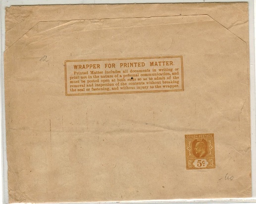 CEYLON - 1903 5c olive yellow postal stationery wrapper unused.  H&G 6.