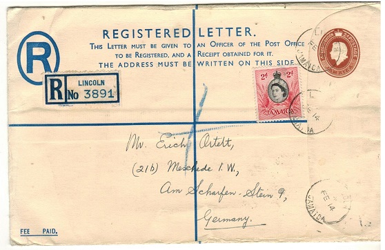 JAMAICA - 1953 4d+2d orange brown RPSE (Size H) addressed to Germany used at LINCOLN.  H&G 10a.