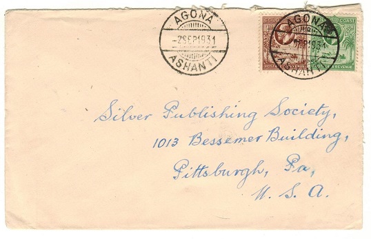 GOLD COAST - 1931 1 1/2d rate cover to USA used at AGONA/ASHANTI.