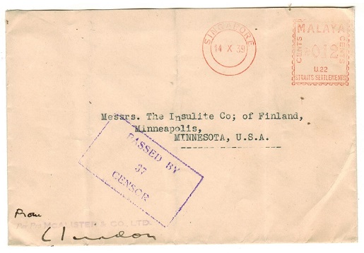 SINGAPORE - 1939 0.12c red meter mark censored cover to USA.