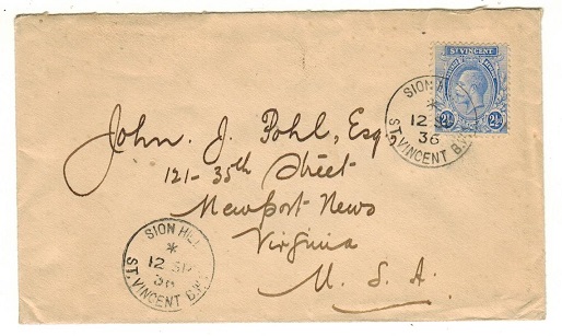 ST.VINCENT - 1936 2 1/2d rate cover to USA used at SION HILL.