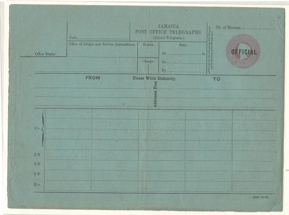 JAMAICA - 1879 1/- pink JAMAICA/POST OFFICE TELEGRAPHS form overprinted OFFICIAL.  H&G 2.