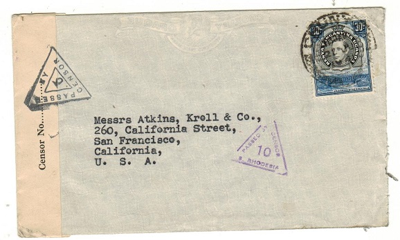 K.U.T. - 1941 30c rate censored cover to USA routed via the Rhodesia