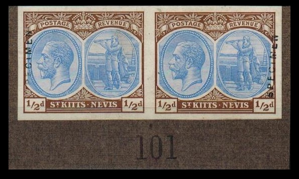 ST.KITTS - 1920 1/2d IMPERFORATE PRINTERS SAMPLE PROOF pair on piece handstamped SPECIMEN.