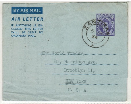 ZANZIBAR - 1953 50c violet AIR LETTER to USA used at ZANZIBAR.  H&G 2.