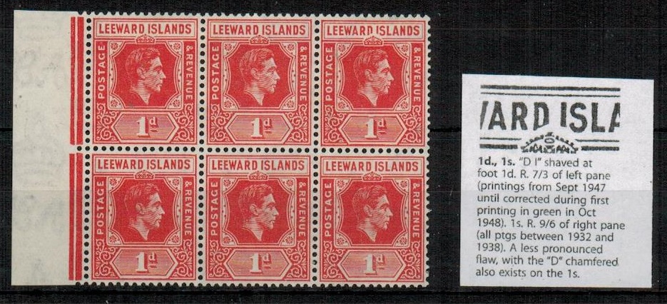 LEEWARD ISLANDS - 1947 1d scarlet U/M block of six with 