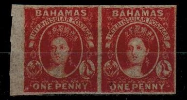 BAHAMAS - 1859-60 1d dull lake IMPERFORATE pair on unwatermarked paper.  SG 2.