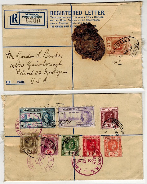 MAURITIUS - 1938 12c light brown RPSE uprated to USA. H&G 15.