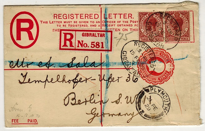 GIBRALTAR - 1927 3d red RPSE uprated to Germany.  H&G 14a.