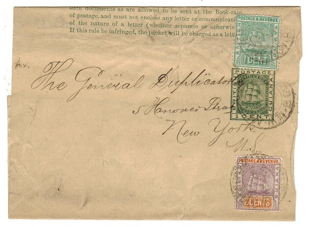 BRITISH GUIANA - 1884 1c green stationery wrapper uprated to USA.  H&G 1.