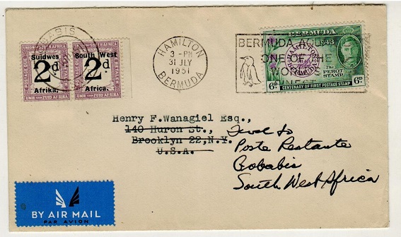SOUTH WEST AFRICA - 1951 inward underpaid cover from Bermuda with 2d 