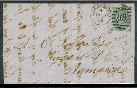 JAMAICA - 1864 inward 1/- rate entire from UK.
