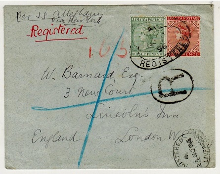 JAMAICA - 1896 4 1/2d rate registered cover to UK.