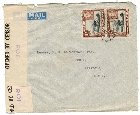 K.U.T. - 1941 2/- rate censor cover to USA used at NAIROBI.