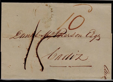 GIBRALTAR - 1849 outer wrapper to Cadiz struck by scarce GIBRALTAR PAID double arc h/s.