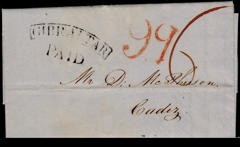 GIBRALTAR - 1840 entire to Cadiz struck GIBRALTAR/PAID in black.