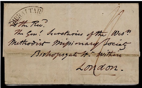 GIBRALTAR - 1842 outer wrapper to UK struck by 