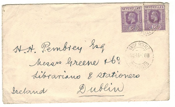 SEYCHELLES - 1936 12c rate cover to Ireland struck with scarce (bridge type) ANSE ROYALE cds.