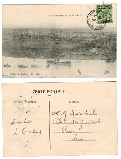 MOROCCO AGENCIES - 1914 5c on 1/2d rate postcard to France used at RABAT.