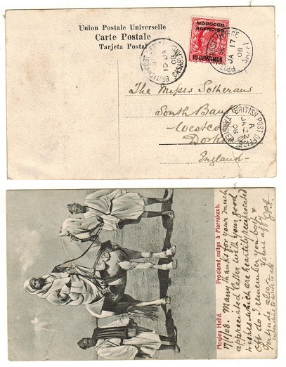 MOROCCO AGENCIES - 1908 10c/1d rate postcard to UK used at BPO/SAFFI.