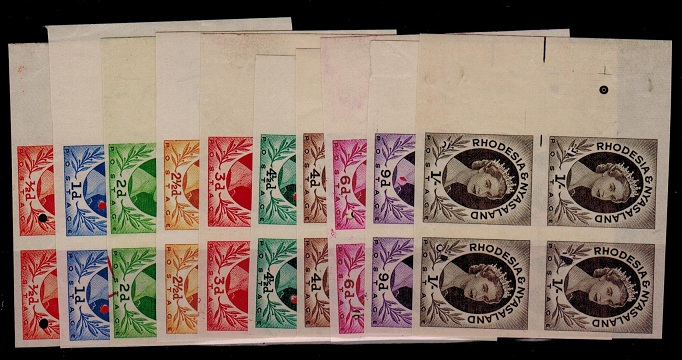 RHODESIA AND NYASALAND - 1954 set of 10 (SG 1-9) in IMPERFORATE PLATE PROOF blocks of four.