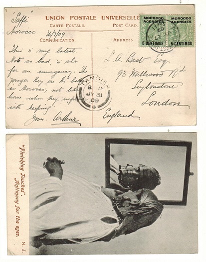 MOROCCO AGENCIES - 1909 5c on 1/2d (x2) on postcard to UK used at BPO/SAFFI.