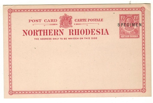 NORTHERN RHODESIA - 1924 1 1/2d carmine rose PSC unused and struck SPECIMEN in black.  H&G 2.