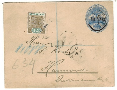 SEYCHELLES - 1901 6c on 15c blue PSE uprated and registered to Germany.  H&G 6.