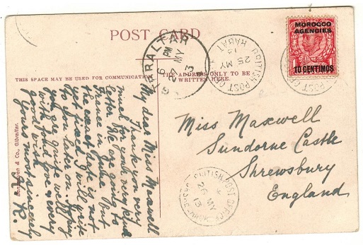 MOROCCO AGENCIES - 1913 1d rate postcard use to UK used at BPO/RABAT.
