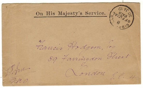 GIBRALTAR - 1919 stampless OHMS cover to UK cancelled GIBRALTAR/OFFICIAL/PAID.