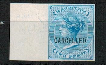 MAURITIUS - 1863 2d blue IMPERFORATE PLATE PROOF struck CANCELLED.
