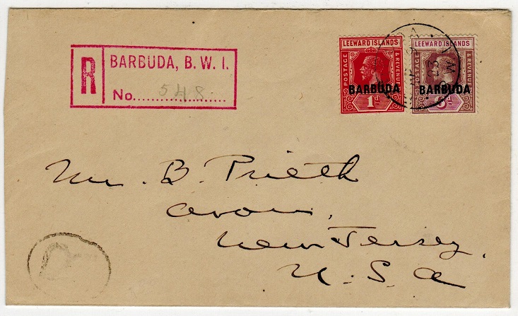 BARBUDA - 1923 7d rate registered cover to USA.