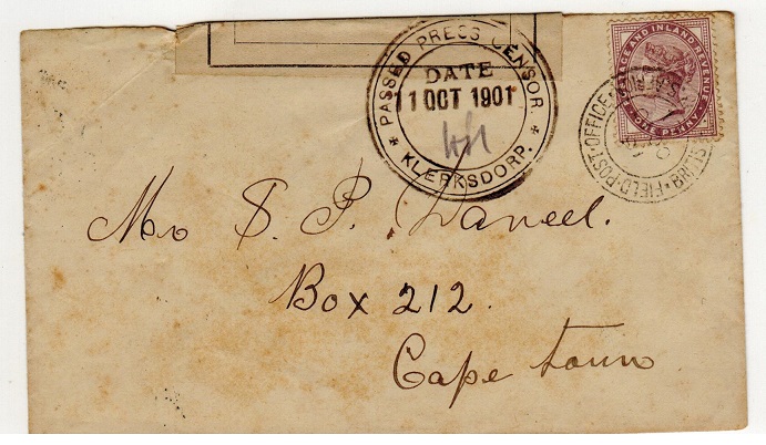 TRANSVAAL - 1901 local 1d rate censored cover used at FPO/16 at Klersdorp.