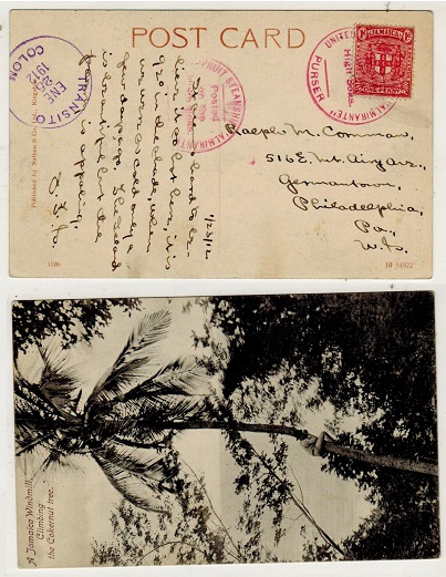 JAMAICA - 1912 1d rate postcard use to USA struck 
