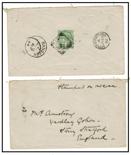 BURMA - 1892 2 1/2a on 4 1/2a yellow green Indian adhesive on cover to UK used at RANGOON CANT.