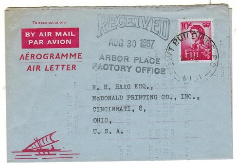 FIJI - 1962 10d red AIR LETTER to USA used at GOVERNMENT BUILDINGS P.O.  H&G 12.