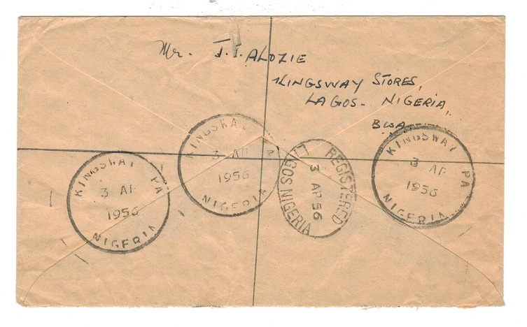 NIGERIA - 1956 registered cover to UK cancelled by KINGSWAY PA 