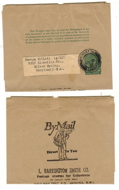 JAMAICA - 1938 1d green postal stationery wrapper to USA used at KINGSTON.  H&G 6.