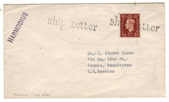 MAURITIUS - 1939 GB 1 1/2d on cover to USA struck SHIP LETTER with HARMODIUS maritime h/s.