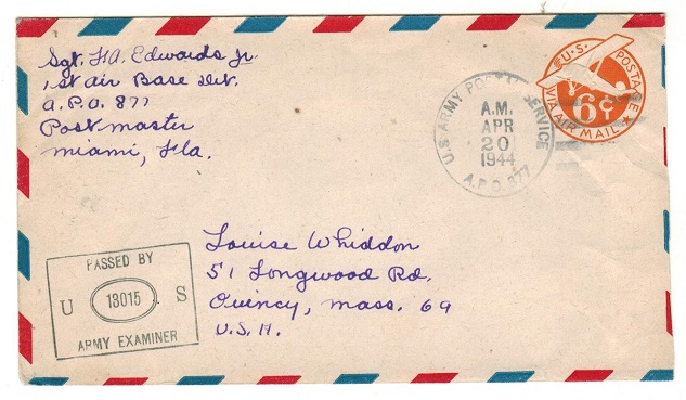 ASCENSION - 1943 use of US 6c orange PSE at APO 877 with censor strike in 