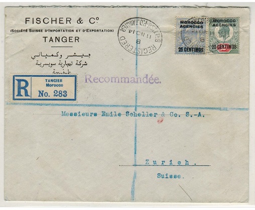 MOROCCO AGENCIES - 1914 20c/2d and 25c/2 1/2d EDWVII registered commercial cover to Switzerland.