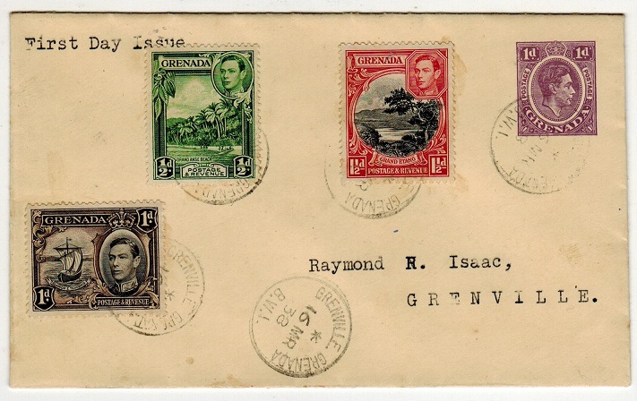 GRENADA - 1938 1d purple PSE used locally with 1/2d, 1d + 1 1/2d FDC use at GRENVILLE. H&G 1.