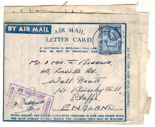SOMALILAND - 1944 3a rate censored use of FORMULA letter card to UK used at E.A./APO 63.