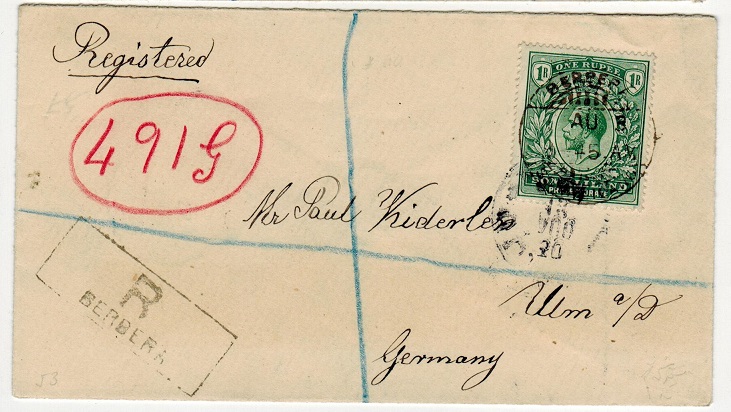 SOMALILAND - 1913 1R rate registered cover to Germany used at BERBERA.
