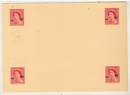 CANADA - 1954 4c on 3c postal stationery proof in carmine of four images (H&G type 20a).