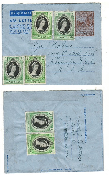 ST.KITTS - 1952 12c brown uprated postal stationery airletter to USA used at BASSETERRE.  H&G 1. 
