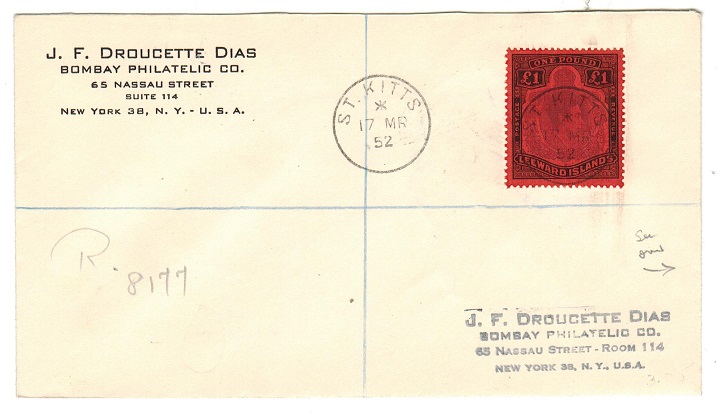 ST.KITTS - 1952 1 (SG 114c) on registered cover to USA.