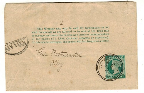 JAMAICA - 1888 1/2d green postal stationery wrapper used locally with TOO LATE h/s.