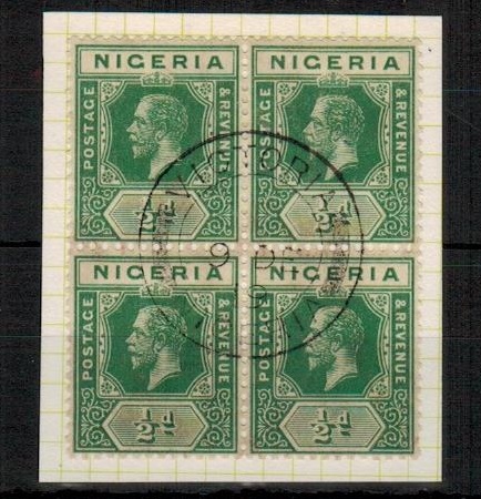 CAMEROONS - 1919 use of Nigerian 1/2d green block of four used at VICTORIA.