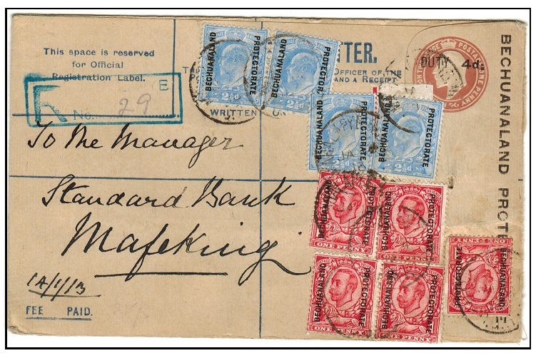 BECHUANALAND - 1907 4d on 2d+1d brown uprated RPSE to Mafeking used at MAHALPYE.  H&G 9a.